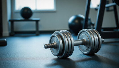Close-up of metallic dumbbells on gym floor with natural light