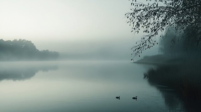 Mystical morning lake with swans gliding through the ethereal fog