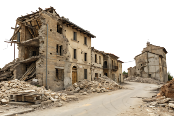destroyed buildings after earthquake isolated on white background as transparent PNG. GENERATIVE AI