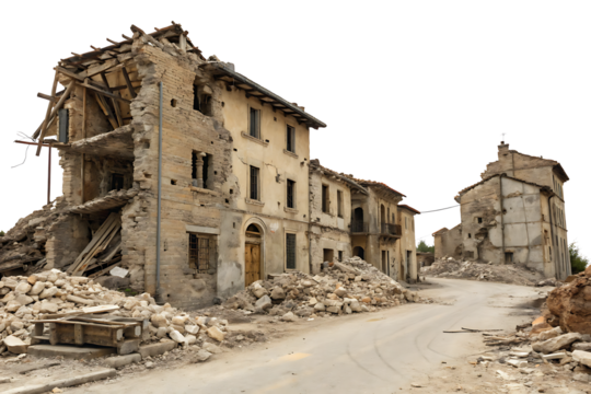 destroyed buildings after earthquake isolated on white background as transparent PNG. GENERATIVE AI