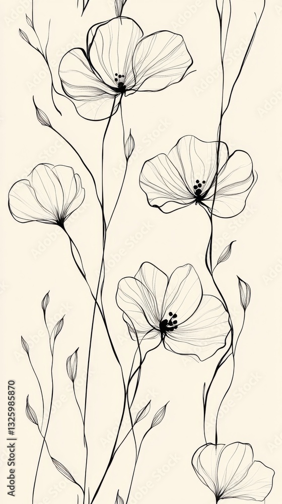 Poster elegant black floral outlines on a soft light background create a soothing artistic expression in na