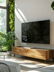 Sunlit interior design featuring a modern television and wooden cabinet