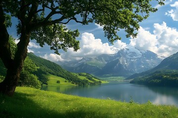 lake and mountains, Generative AI	
