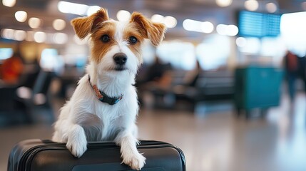 Ready for takeoff, A charming dog traveler waits patiently on a suitcase