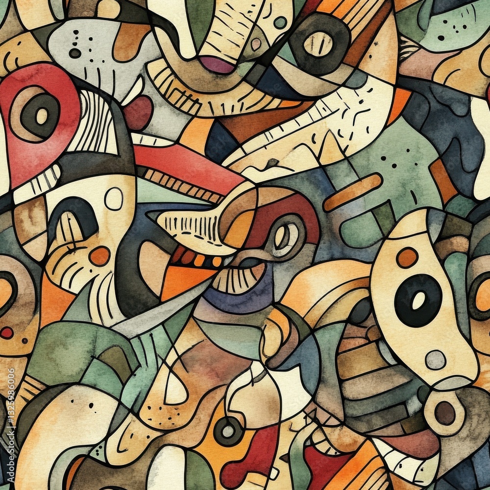 Aufkleber intricate doodle cartoon drawings featuring abstract shapes and playful patterns in bright colors