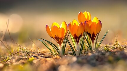 Stunning Closeup of Vibrant Orange Crocus Flowers in Spring Sunlight