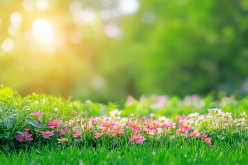 Fototapeta premium Beautiful multi-level flower bed on green lawn with vibrant colors and natural light.