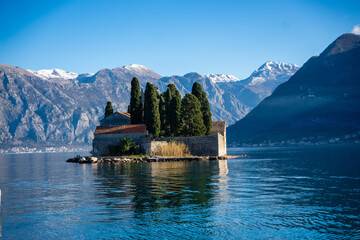  View from water of St. George Island near town Perast, Kotor bay, Montenegro