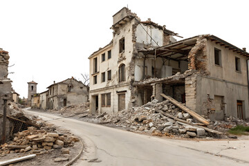 Fototapeta premium destroyed buildings after earthquake isolated on white background PNG .GENERATIVE AI