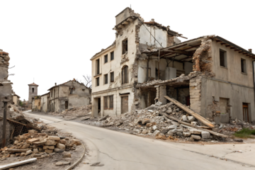 destroyed buildings after earthquake isolated on white background PNG .GENERATIVE AI