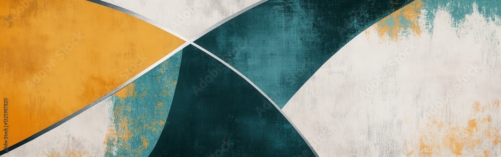 Poster muted teal and ochre pencil strokes create an abstract composition with dynamic curves and textures