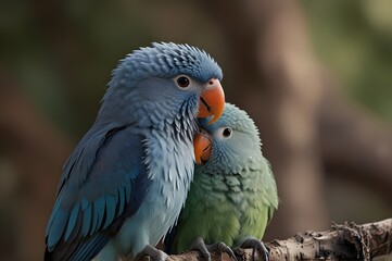A pair of love birds perched closely on a delicate branch, their feathers glowing softly in the golden light.
