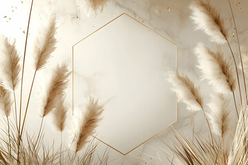 Elegant 3D Render of Pampas Grass with Gold Hexagon Frame on Marble Background, Minimalist Design