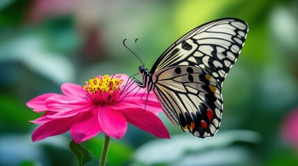 Fototapeta premium A striking black and white butterfly perched gracefully on a vibrant pink flower, its wings elegantly unfurled as it faces to the right, creating a captivating contrast against the soft bloom