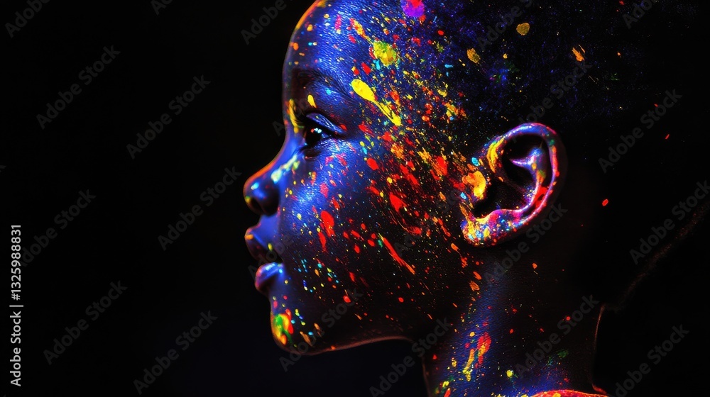 Poster child's profile illuminated with vibrant colors against a dark background showcasing artistic expres