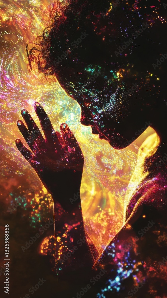 Poster vibrant silhouette of a child with colorful cosmic patterns during an imaginative moment of reflecti