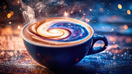 A beautifully detailed coffee cup with a mesmerizing galaxy swirling in the latte art. The surface of the latte forms a miniature universe with glowing stars, 