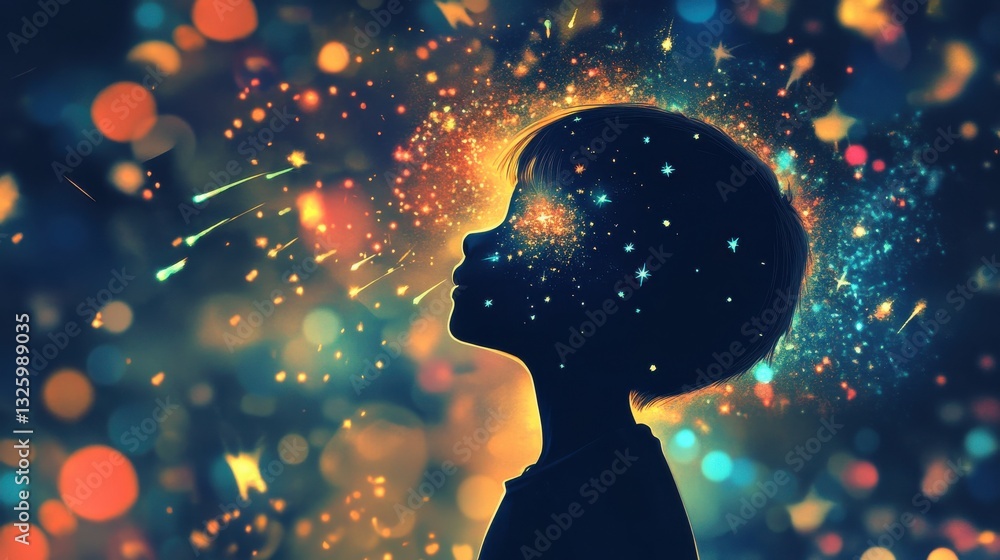 Poster vibrant visualization of a child glowing with cosmic patterns in a colorful backdrop at night