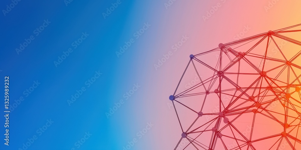 Poster A vibrant abstract image featuring a network of interconnected lines against a gradient background of blue and orange hues.