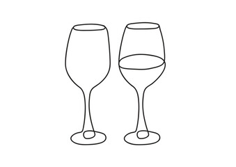 black brush continuous line drawing of wine glasses isolated on white background with copy space for text