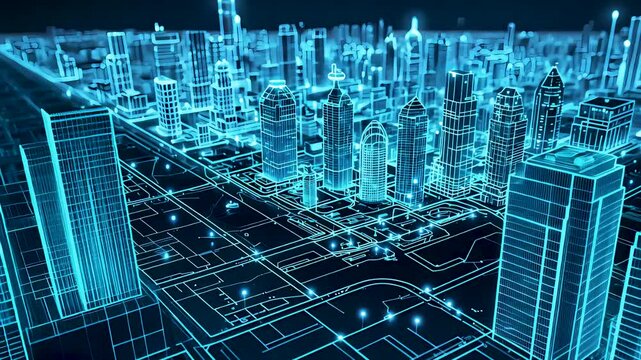 High-tech futuristic digital city model with glowing blue holographic urban planning visualization