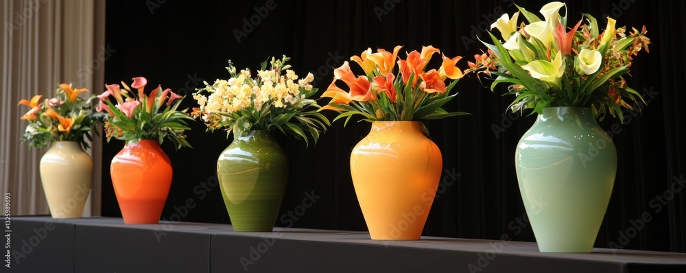 Poster a vibrant display of colorful vases filled with fresh flowers, arranged in a row against a dark back