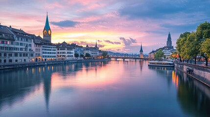 Fototapeta premium Serene sunset over the river in Zurich showcasing beautiful architecture and vivid colors in the sky