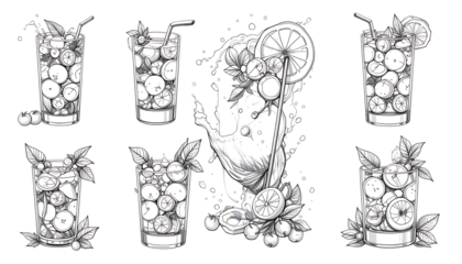Black and White Drawing Iced Drink with Lemons and Cherries isolated on png