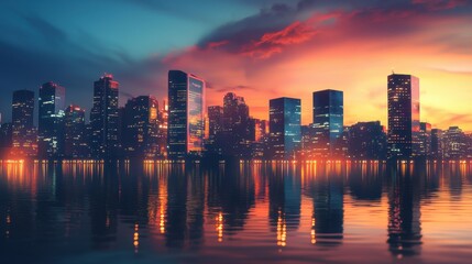 Obraz premium City skyline illuminated by sunset with vibrant colors reflecting on water in urban landscape