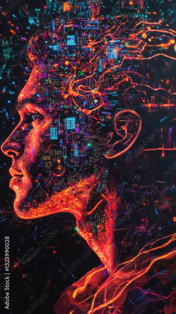 Aufkleber Vibrant depiction of a man's profile filled with colorful digital elements representing creativity and imagination