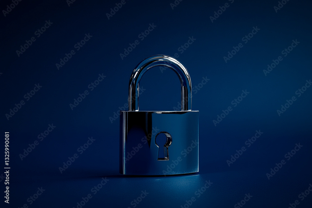 Poster secure padlock metal chrome blue background digital graphic design 3d web safe data icon dark image