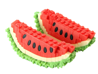 Colorful watermelon slices made from building blocks for creative play