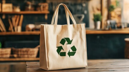 Eco-friendly reusable bag with a recycling symbol on a natural background in soft sunlight