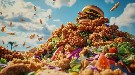 A mountain of chips, burgers and other fast food against a backdrop of blue sky and white clouds. Ideal for food presentations, events or discussions related to eating habits. 