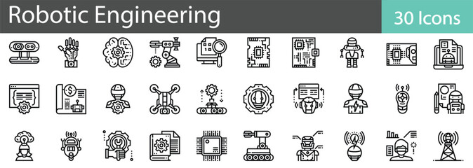 Robotic Engineering Line Icons Set. Collection of 30 outline icons representing automation, robotics, AI, and mechanical systems. Editable stroke vector illustration.