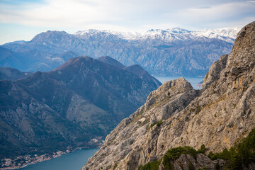 Fototapeta premium Panoramic view of Kotor Bay Boca and mountains from mountain view point in Montenegro in winter time