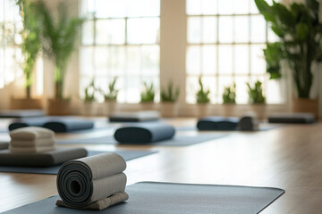 Empty yoga studio with mats, blocks, and cushions under natural light