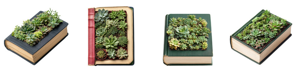 Charming displays of thriving succulent gardens growing atop old books creating a unique and natural decor piece that combines the elements of nature and literature