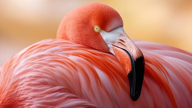 A close-up of a pink flamingo, showcasing its vibrant feathers and distinctive curved beak. Concept Pink Flamingo Close-Up, Vibrant Feathers, Distinctive Curved Beak, Wildlife Photography