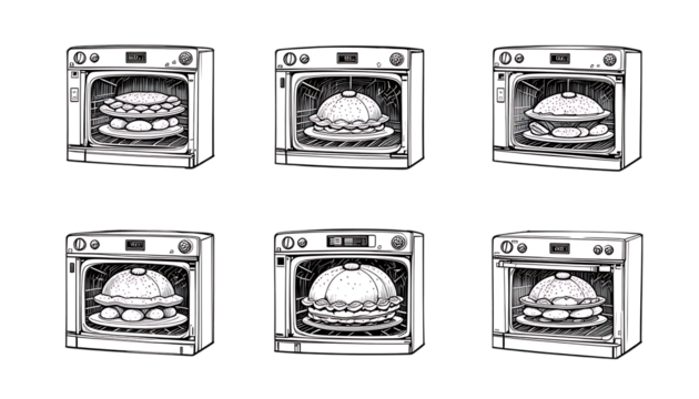 Black and White Drawing of an Oven with Food isolated on png