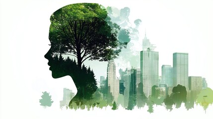 The silhouette of the female head is integrated with the trees, green plants and city skyline, symbolizing the harmonious coexistence of nature and modern city. Conceptual illustration