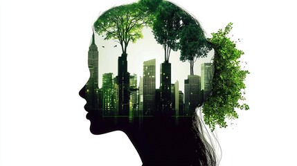 The silhouette of the female head is integrated with the trees, green plants and city skyline, symbolizing the harmonious coexistence of nature and modern city. Conceptual illustration