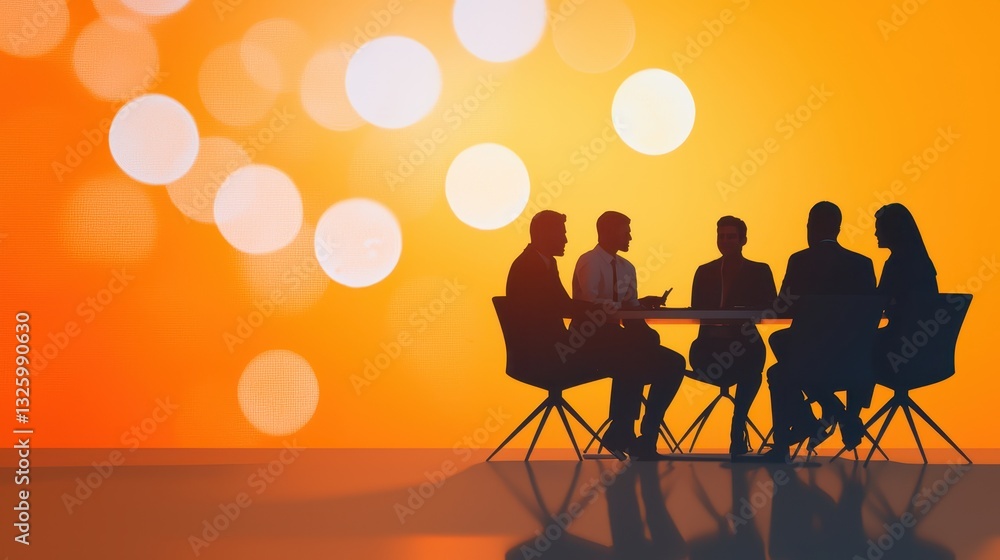 Poster a silhouette of a group discussing around a table against an orange sunset backdrop, creating a warm