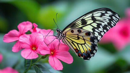 A vibrant butterfly rests on a delicate pink blossom, wings majestically unfurled. Its gaze turns gently to the right, creating a serene tableau in nature's embrace