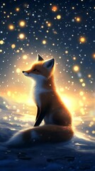 Beautiful Red Fox Winter Scene Magical Lights Snow art cute dark cold calm furry