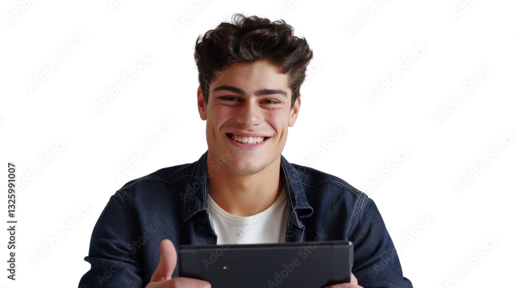 Poster smiling young man using tablet with transparent background