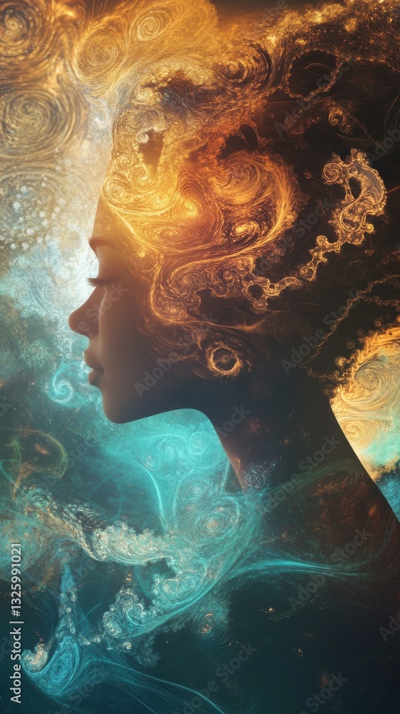 Leinwandbilder surreal representation of a glowing woman with vibrant colors and intricate patterns in a dreamlike 