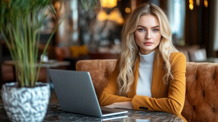 Young Woman Sitting at Table with Laptop in Modern Coffee Shop
