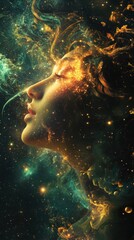 Surreal representation of a glowing woman surrounded by cosmic elements and vibrant colors