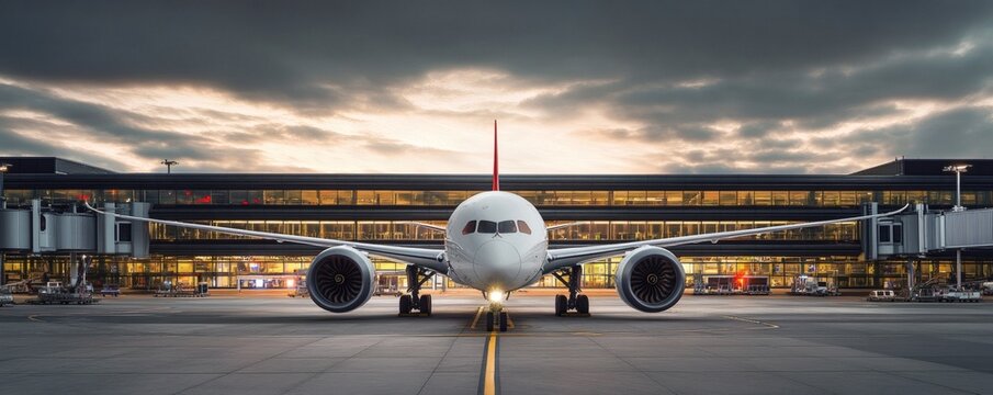 Large passenger airplane parked at a terminal during dusk lighting - Powered by Adobe